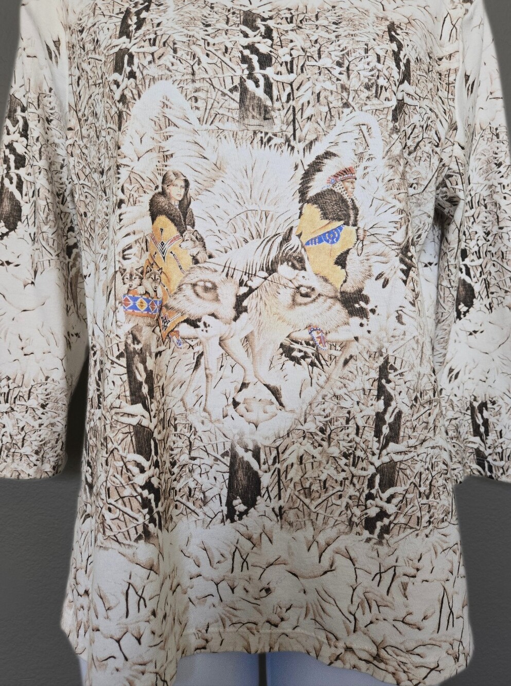 Vintage Wolf Native American Cotton 3/4 Sleeve Shirt Size Medium - Picture 2 of 10